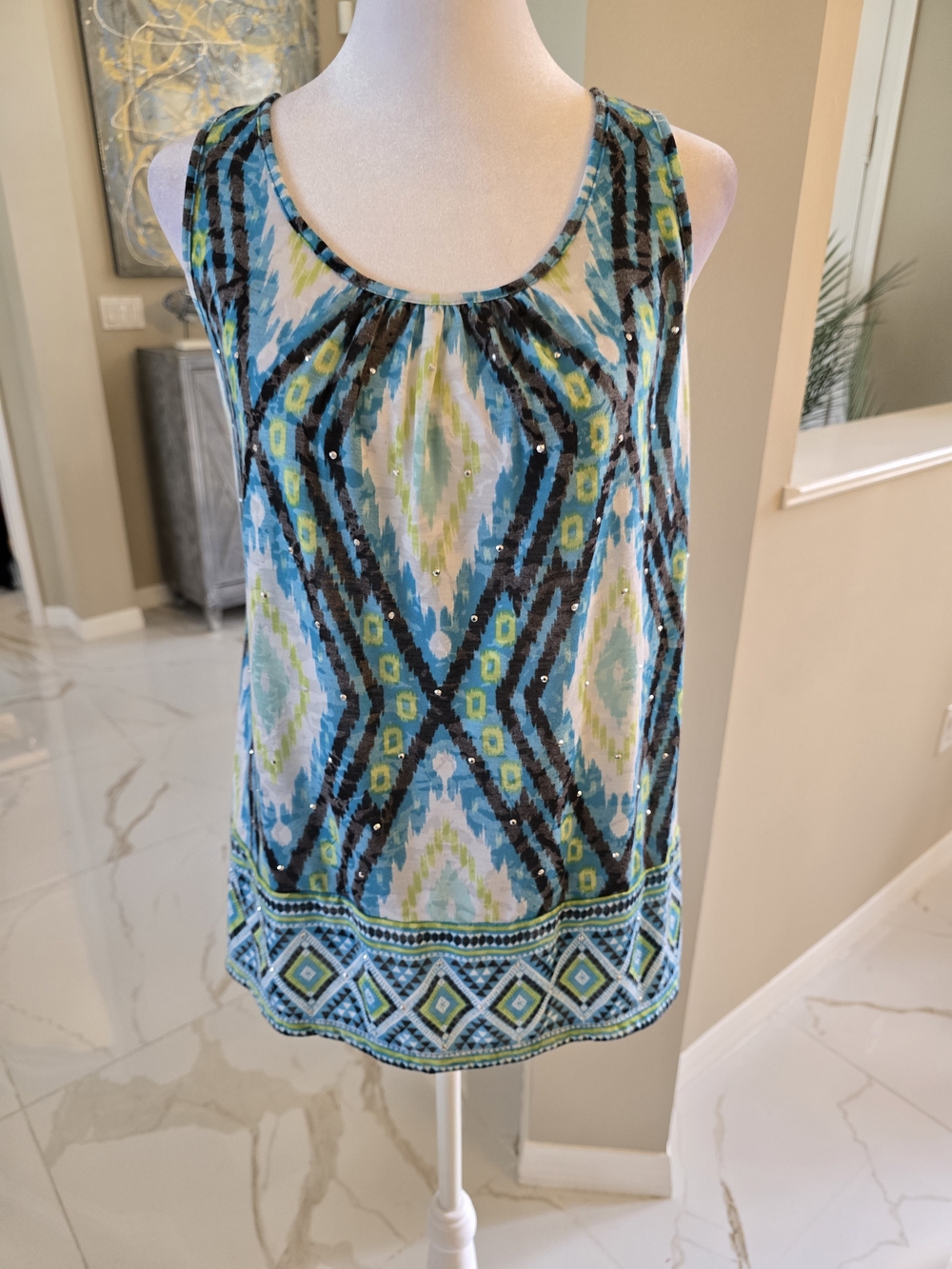INC International Concepts Blue & Green Geometric Sequin Tank